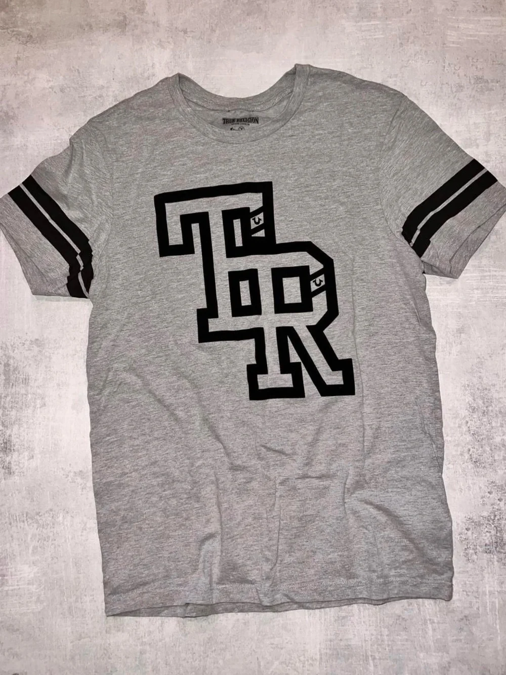 Rare True Religion Heather Gray Tee with Black Logo and Sleeve Stripes